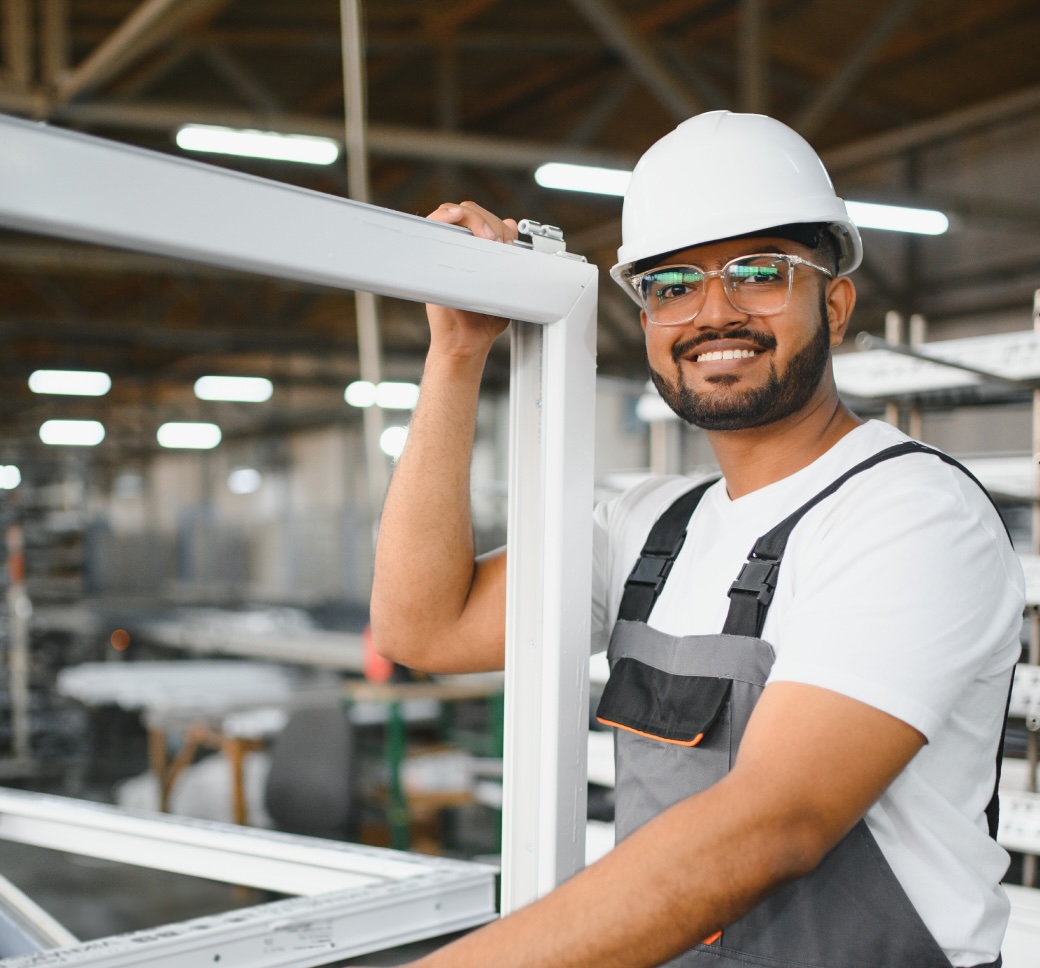 Vakman met kozijn in de fabriek